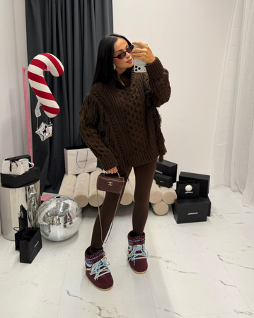 SWETER LAMILLA z frędzlami CZEKOLADA