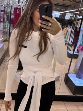 Bluzka longsleeve z wiązaniem prążek - Biała