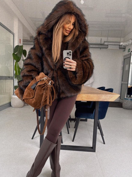 Futro eko lis z kapturem - Czekolada