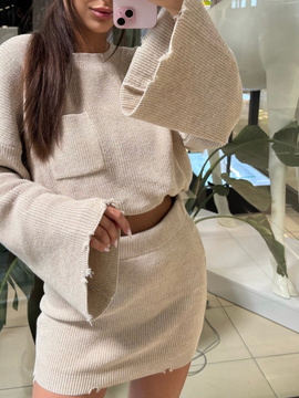 Sweterkowy komplet spódnica i sweter - Beż