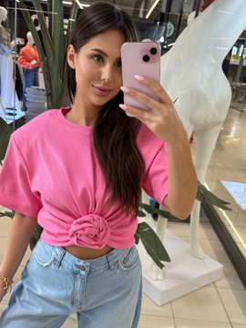 T-shirt z ozdobną różą - Neonowy Róż