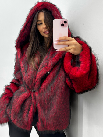 Futro eko lis z kapturem - Czerwony