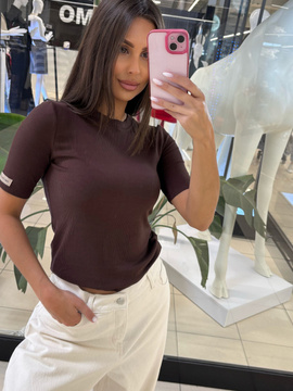 Bluzka z krótkim rękawem prążek - Czekolada