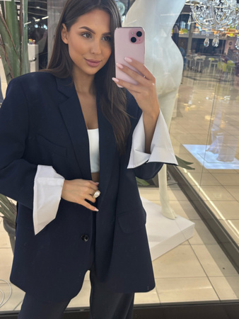 Damski komlet garniturowy ze spodniami i żakietem - Granat