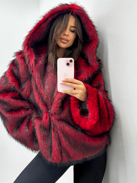 Futro eko lis z kapturem - Czerwony